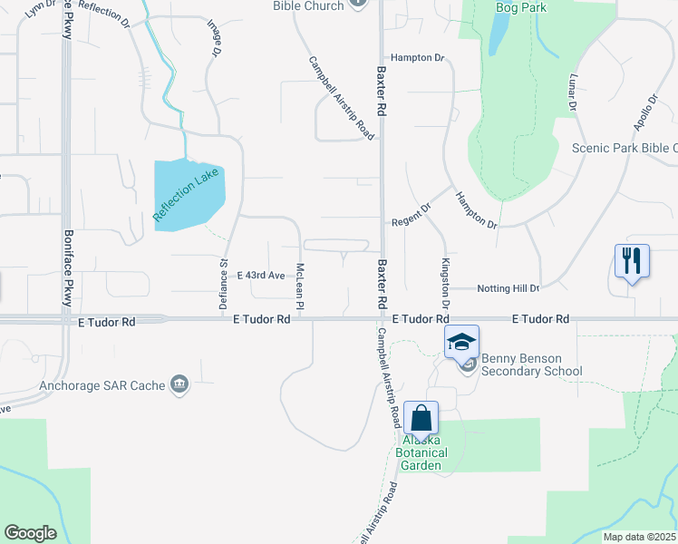 map of restaurants, bars, coffee shops, grocery stores, and more near 4280 Baxter Road in Anchorage