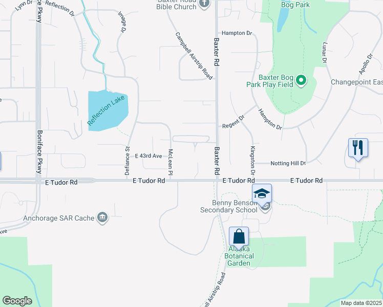 map of restaurants, bars, coffee shops, grocery stores, and more near 4280 Baxter Road in Anchorage