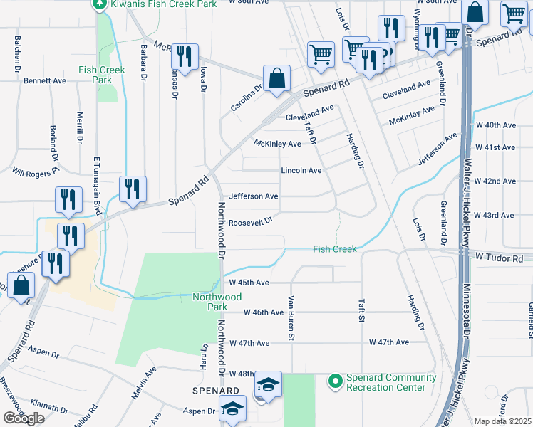 map of restaurants, bars, coffee shops, grocery stores, and more near 2301 Roosevelt Drive in Anchorage