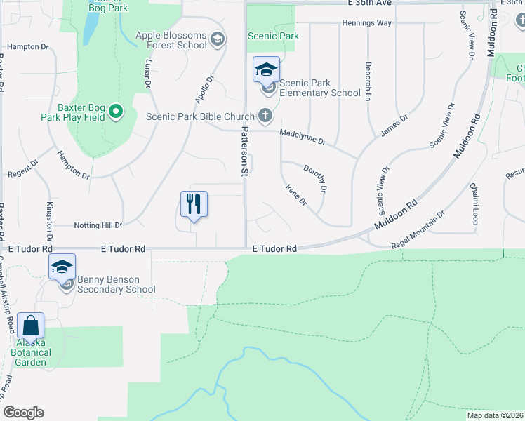 map of restaurants, bars, coffee shops, grocery stores, and more near 4240 Ambler Circle in Anchorage