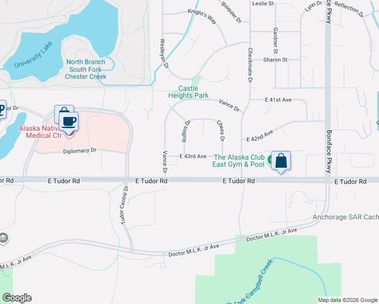 map of restaurants, bars, coffee shops, grocery stores, and more near 4907 East 43rd Avenue in Anchorage