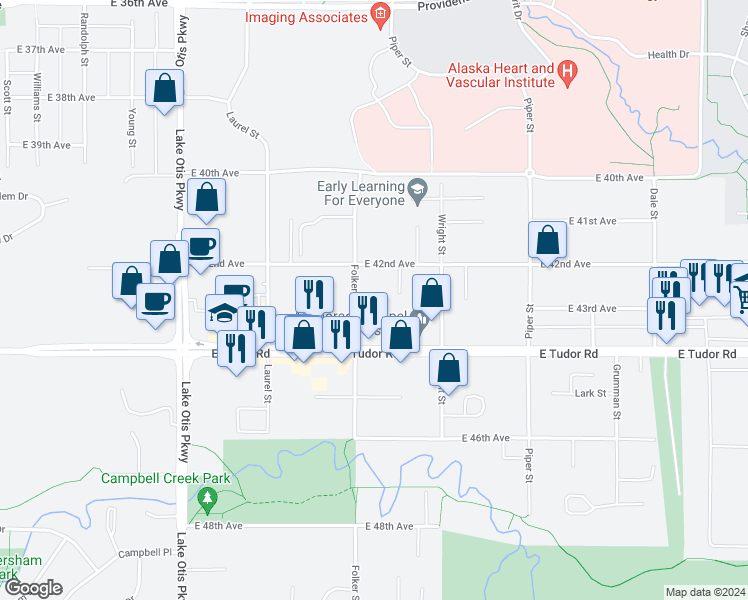 map of restaurants, bars, coffee shops, grocery stores, and more near 4230 Folker Street in Anchorage