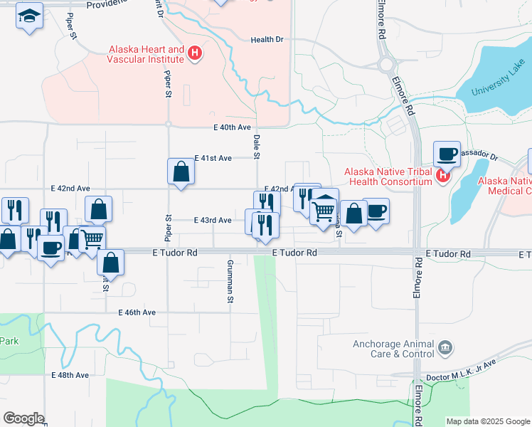 map of restaurants, bars, coffee shops, grocery stores, and more near 4241B Dale Street in Anchorage