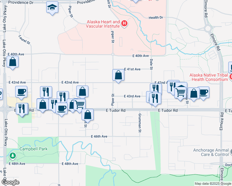 map of restaurants, bars, coffee shops, grocery stores, and more near 3101 East 43rd Avenue in Anchorage