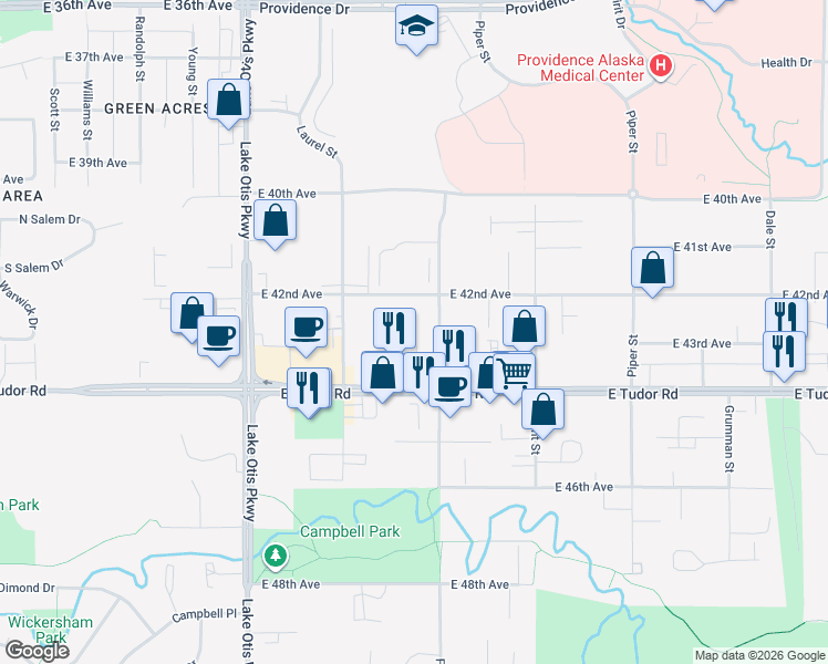 map of restaurants, bars, coffee shops, grocery stores, and more near 2610 East 42nd Avenue in Anchorage