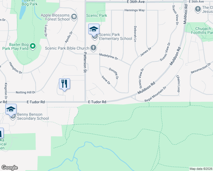 map of restaurants, bars, coffee shops, grocery stores, and more near 4324 Irene Drive in Anchorage