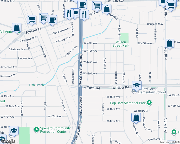 map of restaurants, bars, coffee shops, grocery stores, and more near 1503 West 43rd Avenue in Anchorage