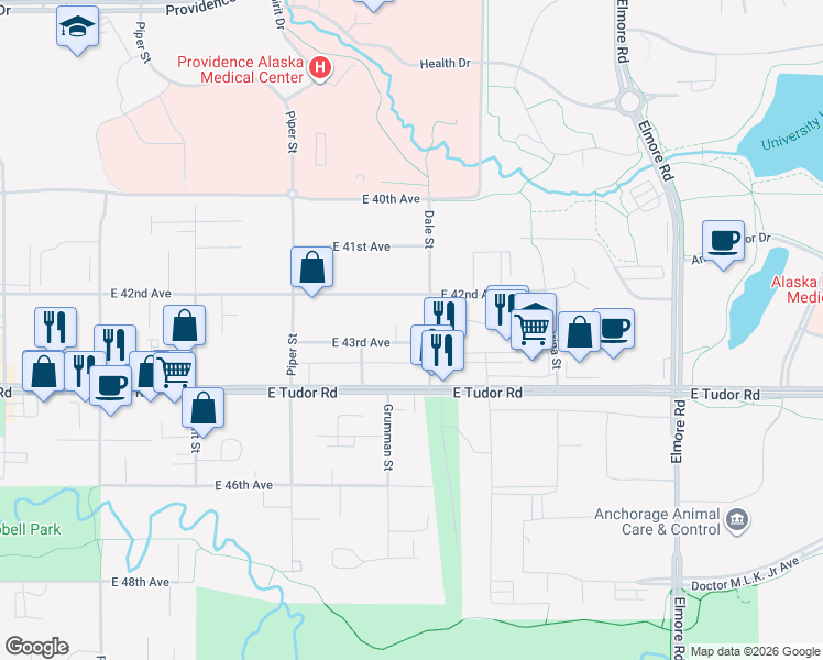 map of restaurants, bars, coffee shops, grocery stores, and more near 3321 East 43rd Avenue in Anchorage