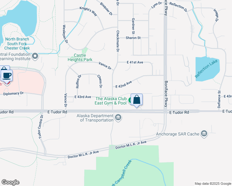 map of restaurants, bars, coffee shops, grocery stores, and more near 4227 Checkmate Drive in Anchorage