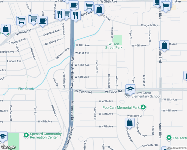 map of restaurants, bars, coffee shops, grocery stores, and more near 1411 West 43rd Avenue in Anchorage