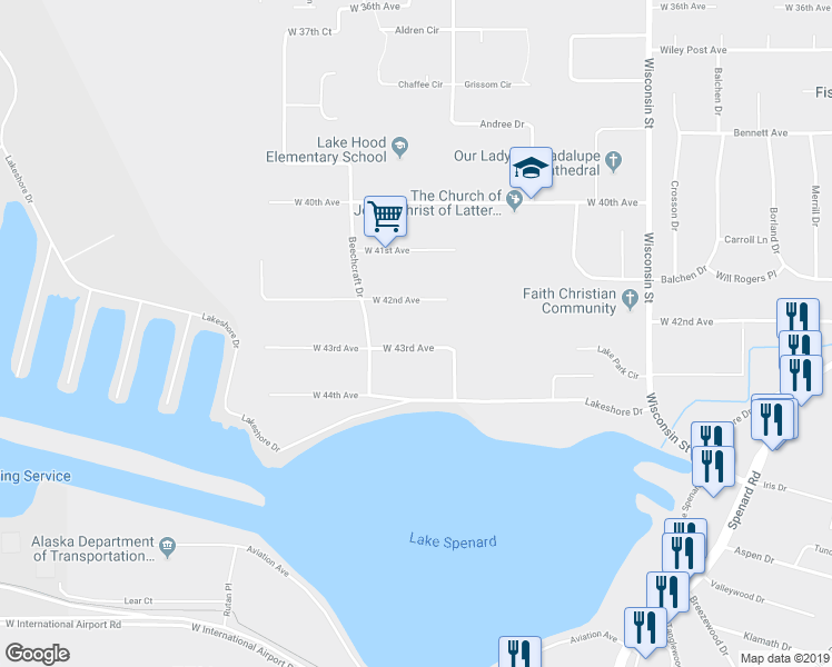 map of restaurants, bars, coffee shops, grocery stores, and more near 3527 West 43rd Avenue in Anchorage