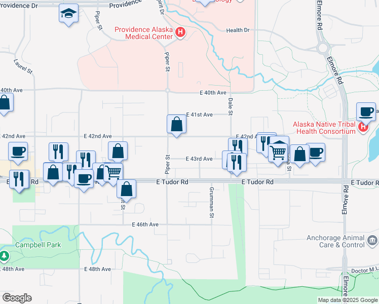 map of restaurants, bars, coffee shops, grocery stores, and more near 3201 E 43rd Ave in Anchorage