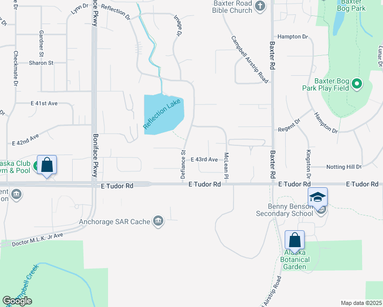 map of restaurants, bars, coffee shops, grocery stores, and more near 4241 Defiance St in Anchorage