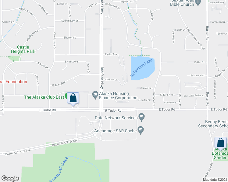 map of restaurants, bars, coffee shops, grocery stores, and more near 5555 East 43rd Avenue in Anchorage