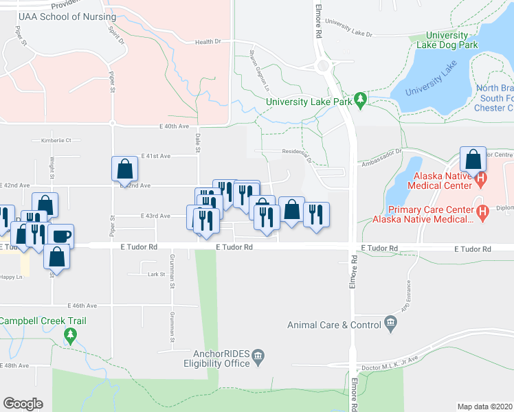 map of restaurants, bars, coffee shops, grocery stores, and more near 3521 East Tudor Road in Anchorage