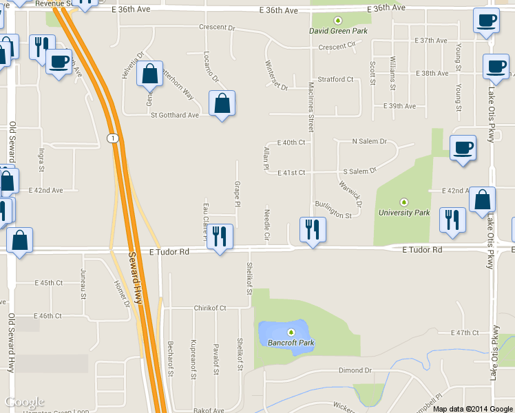 map of restaurants, bars, coffee shops, grocery stores, and more near 4207 Needle Circle in Anchorage