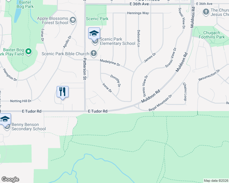 map of restaurants, bars, coffee shops, grocery stores, and more near 4324 Irene Drive in Anchorage