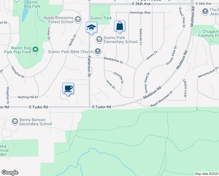 map of restaurants, bars, coffee shops, grocery stores, and more near 4324 Irene Drive in Anchorage