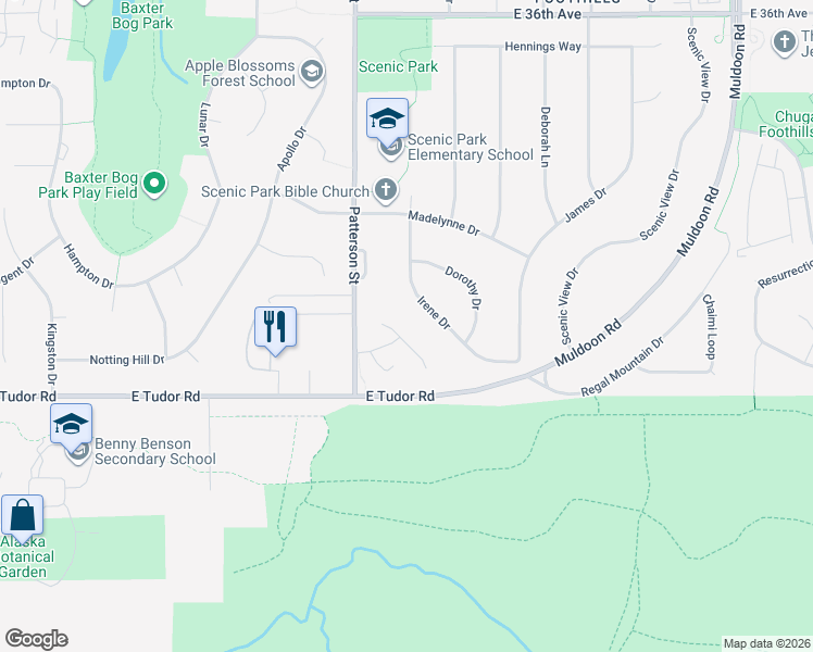 map of restaurants, bars, coffee shops, grocery stores, and more near 4261 Ambler Circle in Anchorage