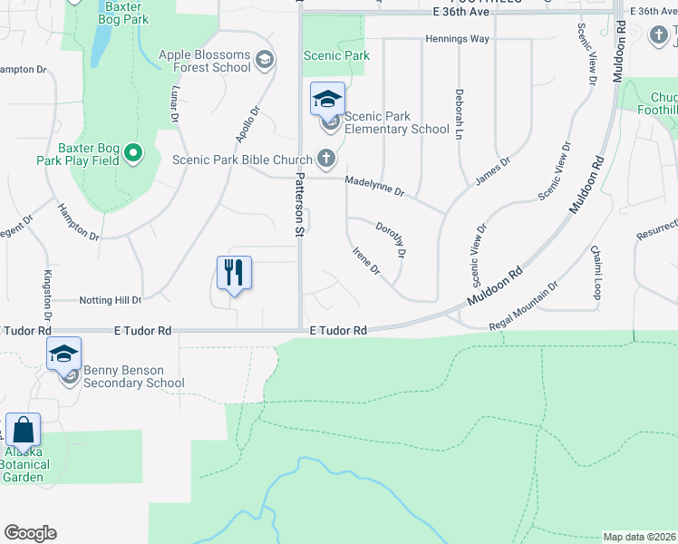 map of restaurants, bars, coffee shops, grocery stores, and more near 4261 Ambler Circle in Anchorage
