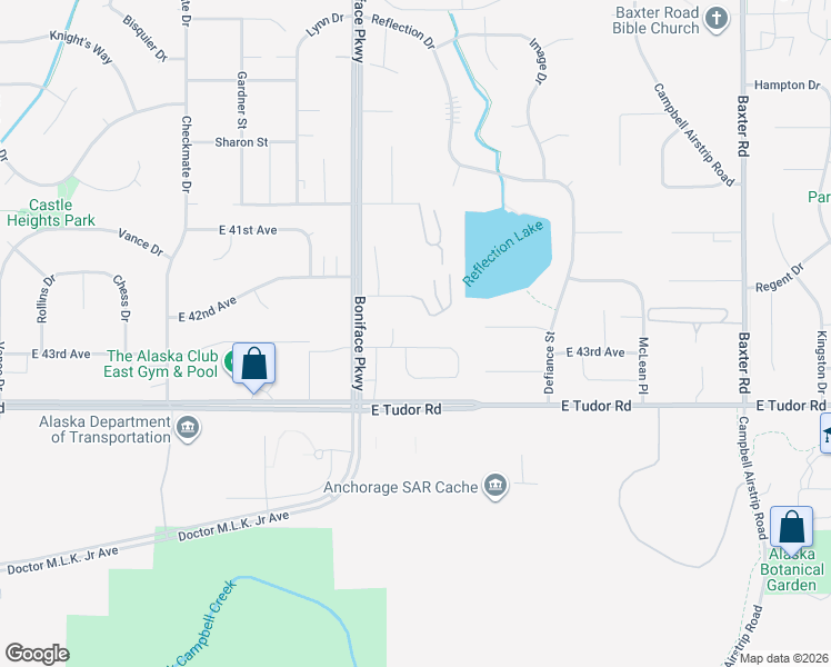 map of restaurants, bars, coffee shops, grocery stores, and more near 5555 East 43rd Avenue in Anchorage