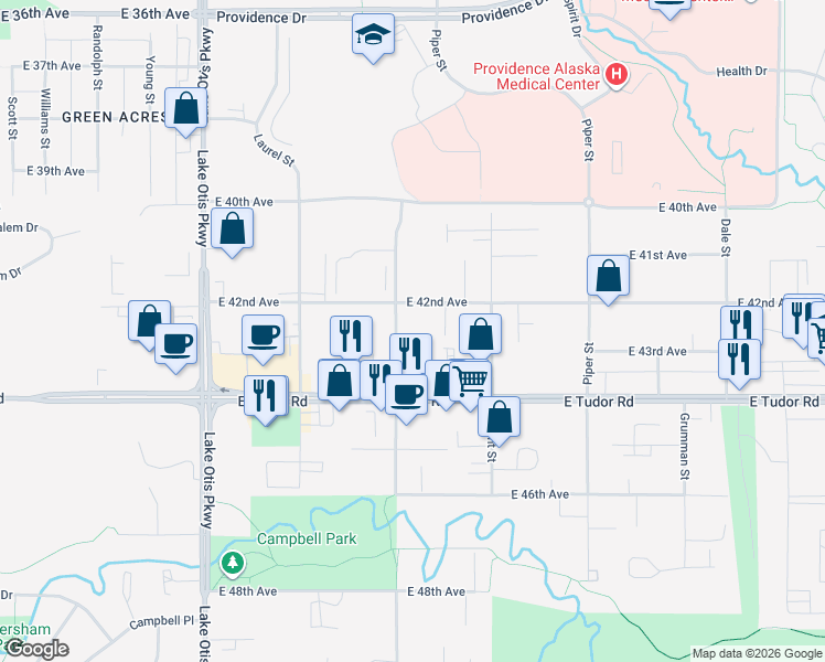 map of restaurants, bars, coffee shops, grocery stores, and more near 4230 Folker Street in Anchorage