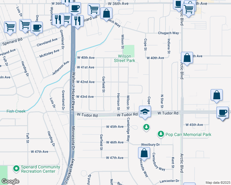 map of restaurants, bars, coffee shops, grocery stores, and more near 4208 Harrison Street in Anchorage