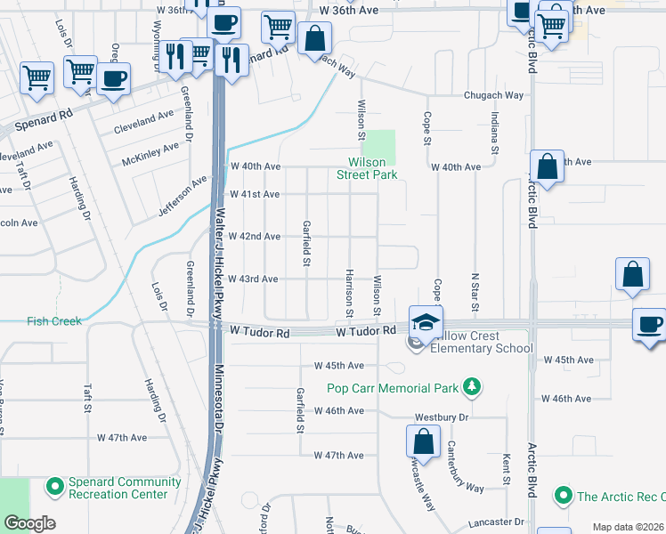 map of restaurants, bars, coffee shops, grocery stores, and more near 4208 Harrison Street in Anchorage