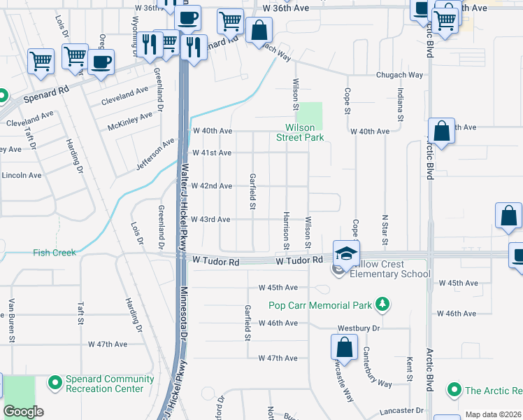 map of restaurants, bars, coffee shops, grocery stores, and more near 4211 Garfield Street in Anchorage
