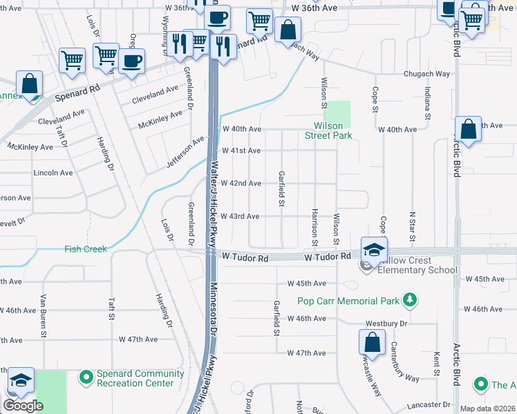 map of restaurants, bars, coffee shops, grocery stores, and more near 1411 West 43rd Avenue in Anchorage
