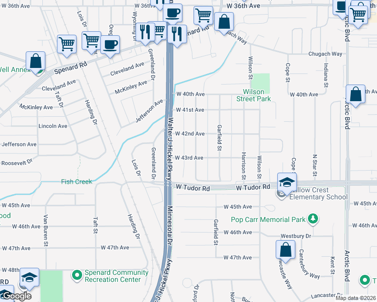 map of restaurants, bars, coffee shops, grocery stores, and more near 1503 West 43rd Avenue in Anchorage