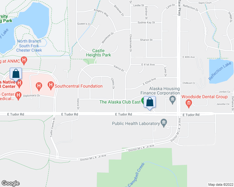 map of restaurants, bars, coffee shops, grocery stores, and more near 4231 Chess Drive in Anchorage