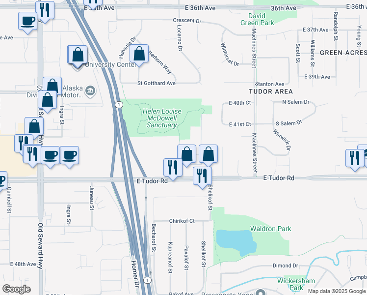 map of restaurants, bars, coffee shops, grocery stores, and more near 4227 Eau Claire Place in Anchorage