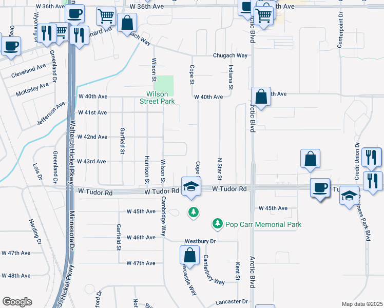 map of restaurants, bars, coffee shops, grocery stores, and more near 4300 Cope Street in Anchorage