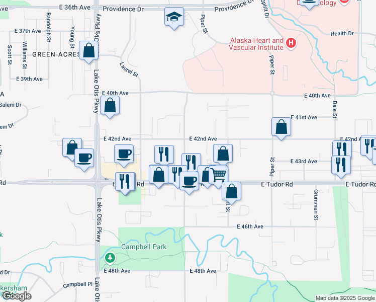 map of restaurants, bars, coffee shops, grocery stores, and more near 4230 Folker Street in Anchorage