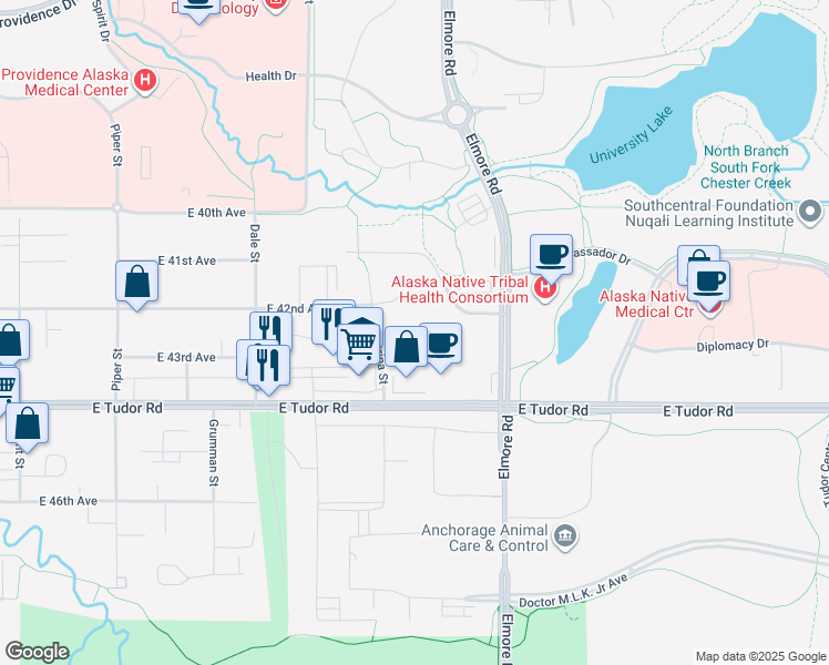 map of restaurants, bars, coffee shops, grocery stores, and more near 3725 East 43rd Place in Anchorage