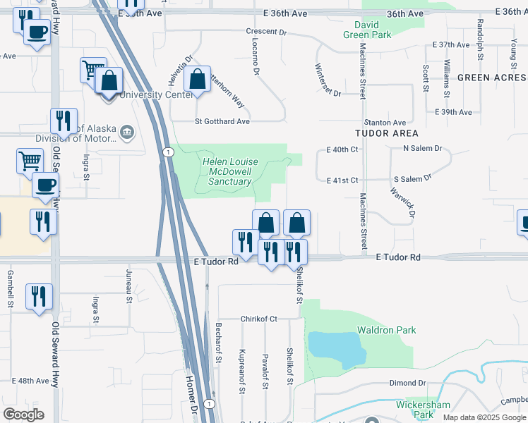 map of restaurants, bars, coffee shops, grocery stores, and more near 4227 Eau Claire Place in Anchorage