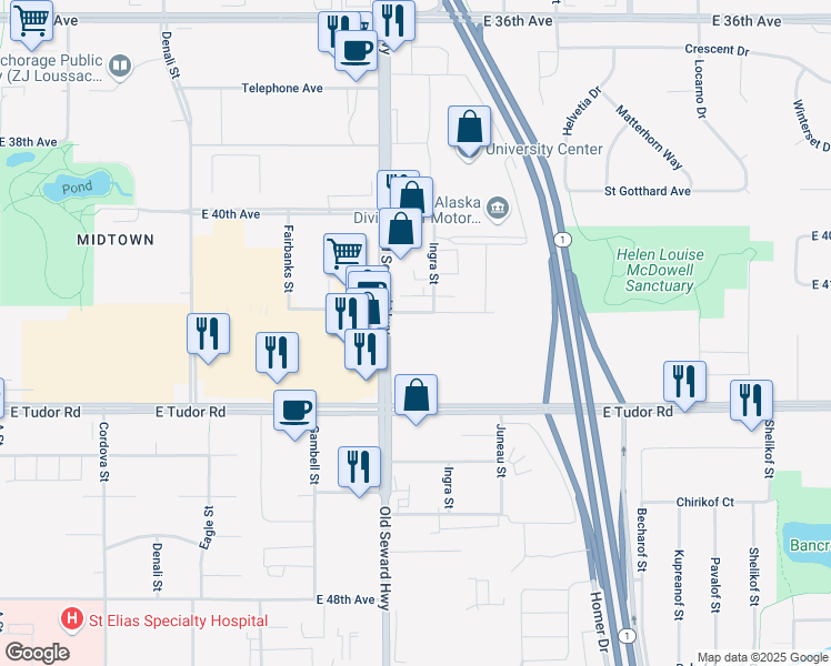 map of restaurants, bars, coffee shops, grocery stores, and more near 810 East 42nd Avenue in Anchorage