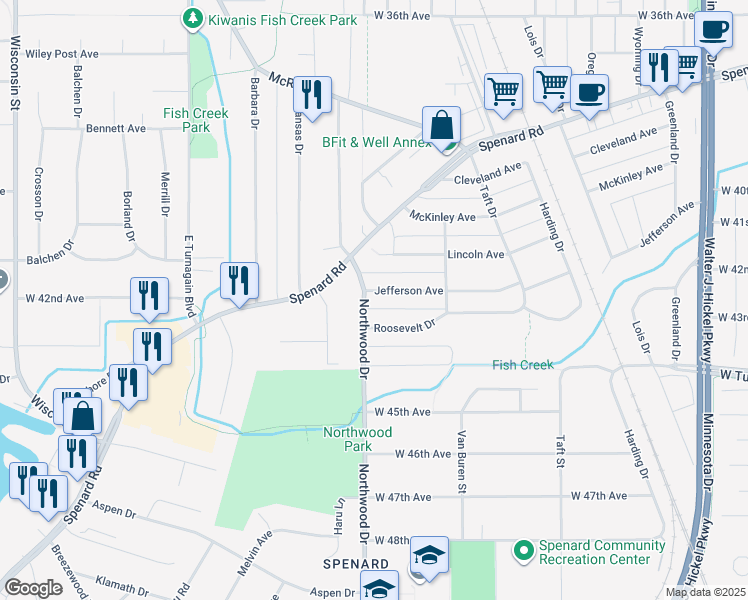 map of restaurants, bars, coffee shops, grocery stores, and more near 4204 Northwood Drive in Anchorage