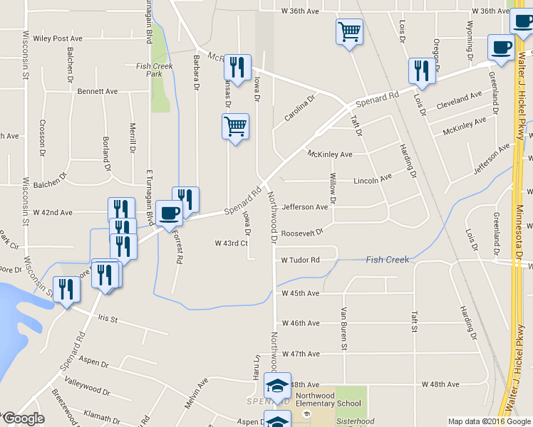 map of restaurants, bars, coffee shops, grocery stores, and more near 4204 Northwood Drive in Anchorage