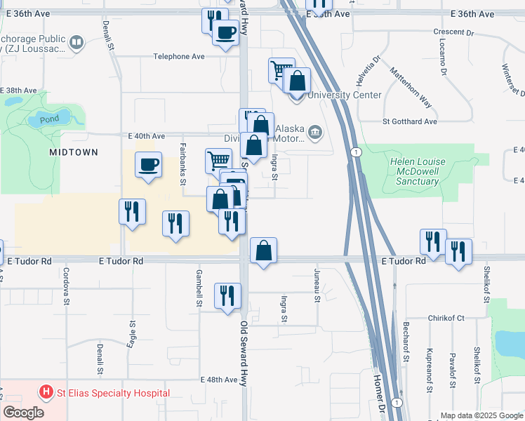 map of restaurants, bars, coffee shops, grocery stores, and more near 810 East 42nd Avenue in Anchorage