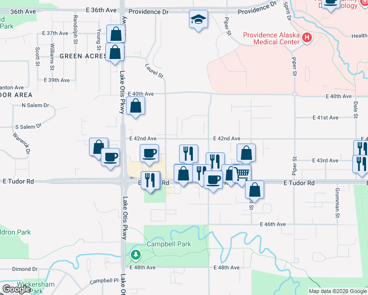 map of restaurants, bars, coffee shops, grocery stores, and more near 4231 Laurel Street in Anchorage