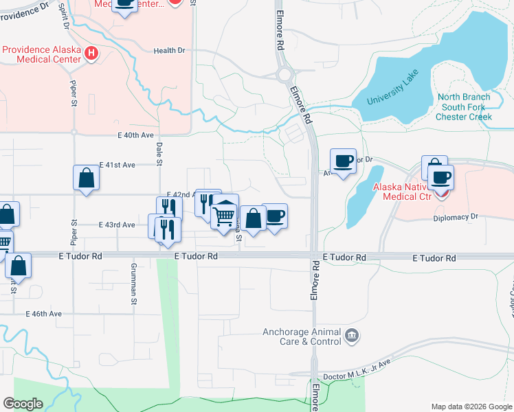 map of restaurants, bars, coffee shops, grocery stores, and more near 3725 East 43rd Place in Anchorage