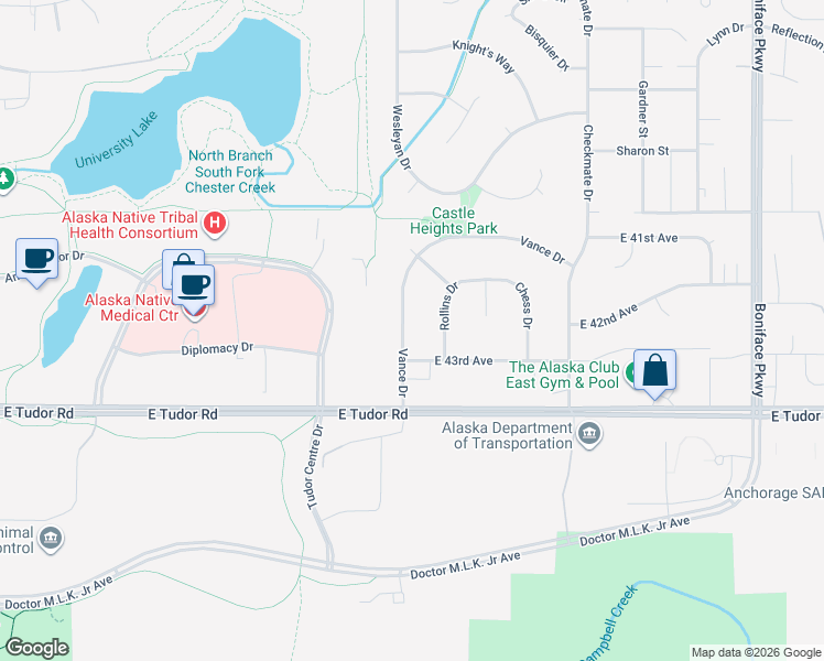 map of restaurants, bars, coffee shops, grocery stores, and more near 4809 East 43rd Avenue in Anchorage