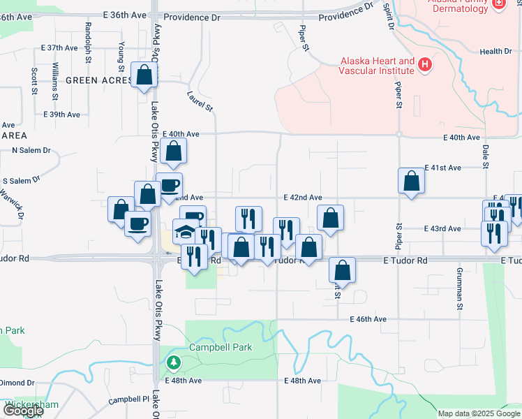 map of restaurants, bars, coffee shops, grocery stores, and more near 2610 East 42nd Avenue in Anchorage