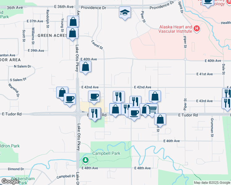 map of restaurants, bars, coffee shops, grocery stores, and more near 4231 Laurel Street in Anchorage