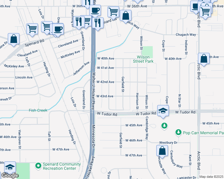 map of restaurants, bars, coffee shops, grocery stores, and more near 1411 West 43rd Avenue in Anchorage
