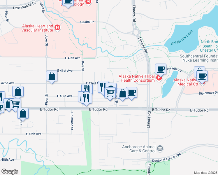 map of restaurants, bars, coffee shops, grocery stores, and more near 3530 East 42nd Avenue in Anchorage
