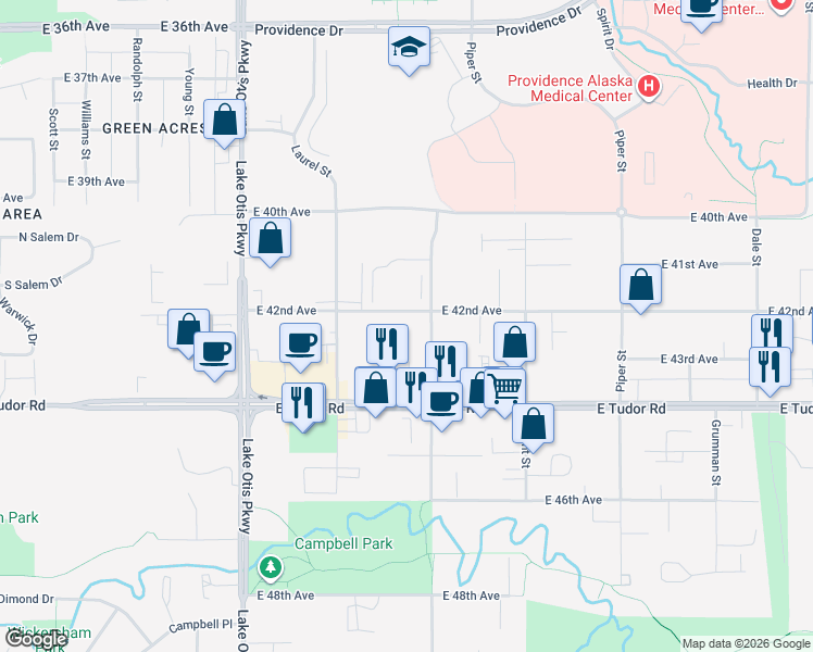 map of restaurants, bars, coffee shops, grocery stores, and more near 2610 East 42nd Avenue in Anchorage