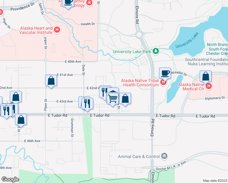 map of restaurants, bars, coffee shops, grocery stores, and more near 3521 East Tudor Road in Anchorage